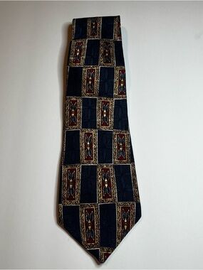 Oscar de la Renta Navy Tie with Burgundy and Gold Motif